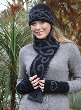 新西兰品牌possum羊毛英伦风蓝黑色银蕨双面提花针织围巾男女冬款