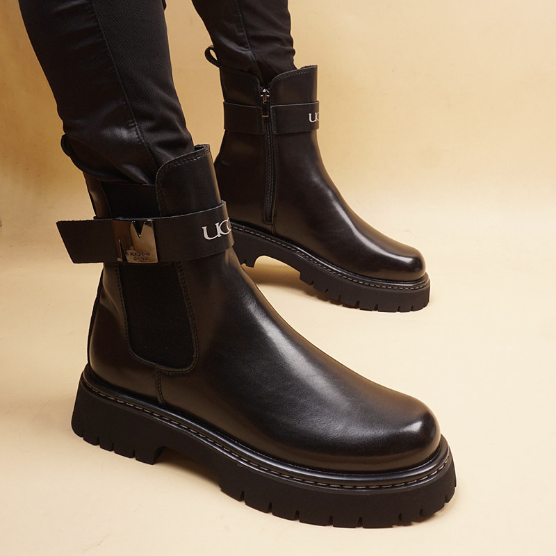 简约男士皮靴子内增高厚