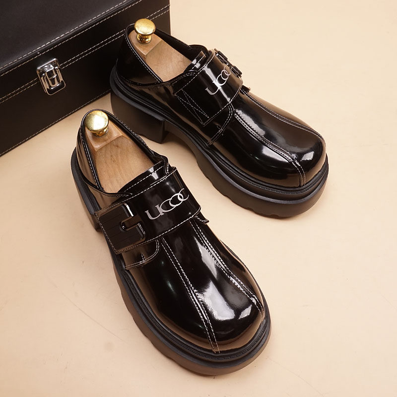 春夏季青年漆皮圆头厚底德比鞋男士韩版皮鞋婚鞋增高休闲鞋松糕鞋