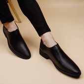 潮流尖头皮鞋 子男士 套脚透气软皮英男伦商务休闲皮鞋 韩版 增高夏季