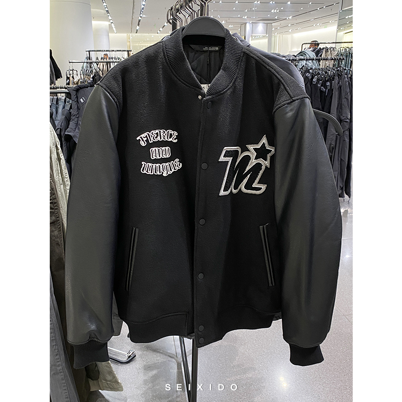 ZA棒球领宽松仿皮袖毛呢夹克棉服