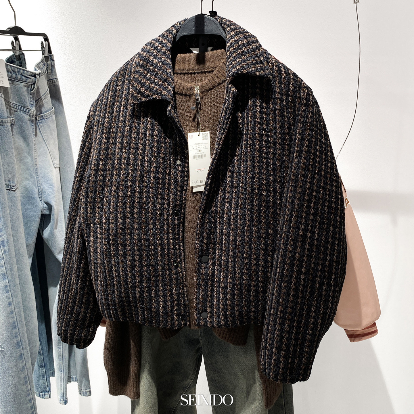 柜799！秋冬款男装天鹅绒格纹纹理质感夹克短款棉服外套 3833/330