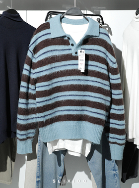 柜319！秋冬新品男装欧美简约拉绒条纹翻领休闲针织衫毛衣9598395