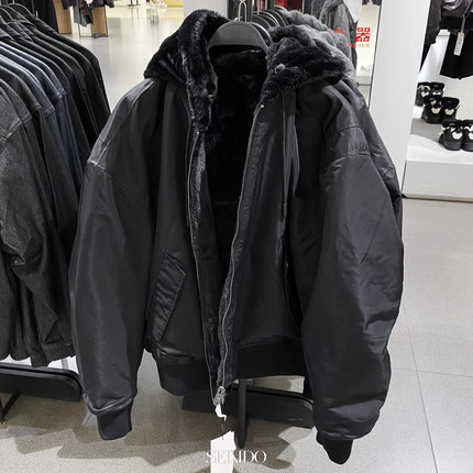柜699！秋冬男装仿皮草双面穿夹克0993400 800连帽厚外套0993/400