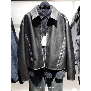 水洗仿皮短款 男装 翻领简约皮衣做旧PU夹克外套3715302 新款 柜699