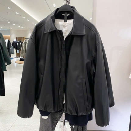柜699！欧美简约休闲翻领仿皮夹克3046311 800秋冬款男装皮衣外套