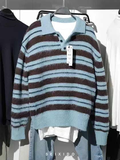 Cabinet 319! New autumn and winter collection for men's clothing: European and American minimalist fleece striped lapel casual knit sweater, sweater 9598395