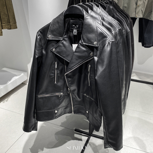 美单!秋冬男装朋克风斜拉链西装领PU仿皮机车夹克修身皮衣外套潮