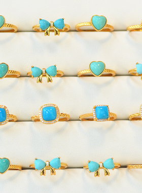 新品 天然绿松石 美松S925银纯银镀金爱心几何面开口可调戒指