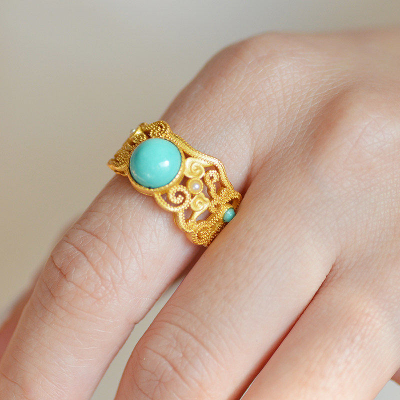 天然原矿绿松石南红玛瑙925银纯银厚镀金戒指中国风祥云镂空开口