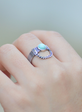 天然绿松石旧泰银链条开口戒指