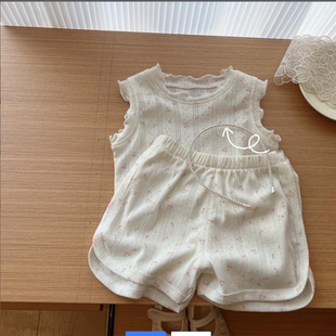 寶寶休閑碎花無袖 套裝 新品 居家背心短褲 兩件套 女童純棉套裝 夏季