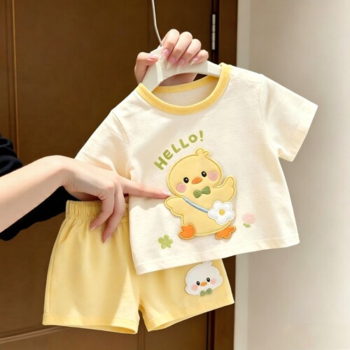 儿童夏季超萌黄鸭短袖短裤套装