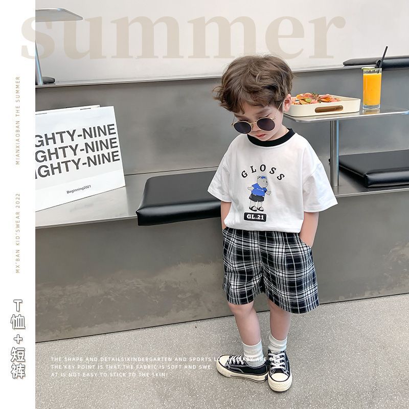男女.童夏季短袖套装中小童圆领T恤格子短裤洋气宝宝两件套童.装