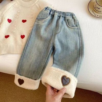 儿童冬季加厚一体绒牛仔裤阔腿裤