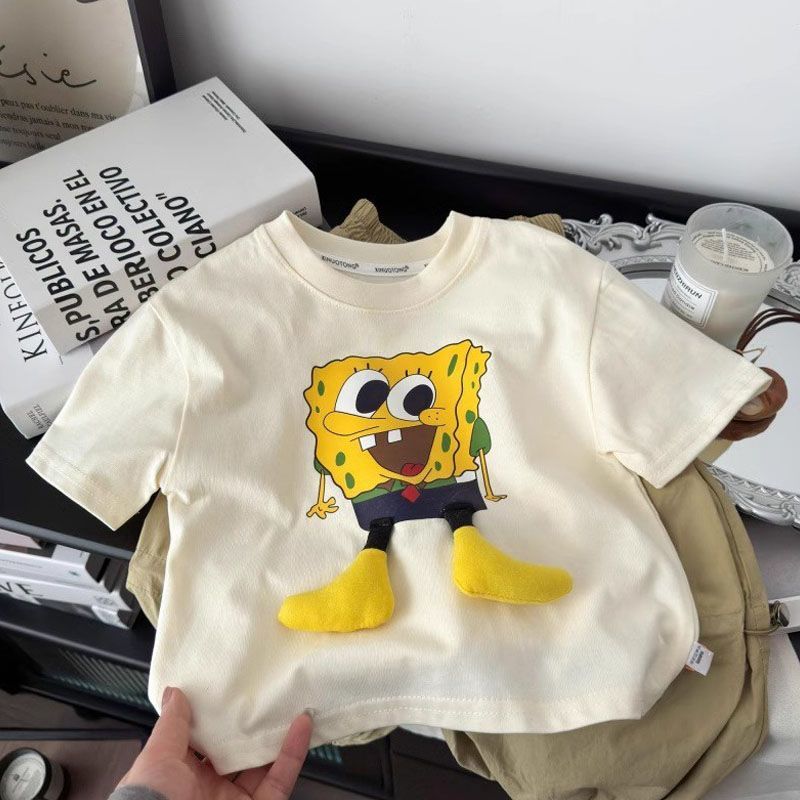 男童夏装2025新款帅气男女卡通全棉短袖t恤海绵宝宝立体装饰上衣