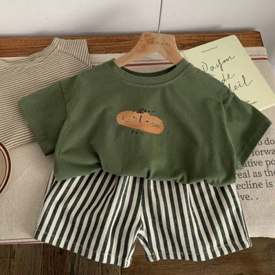 男女童夏季新款纯棉短袖套装中小童洋气上衣宝宝条纹五分裤两件套