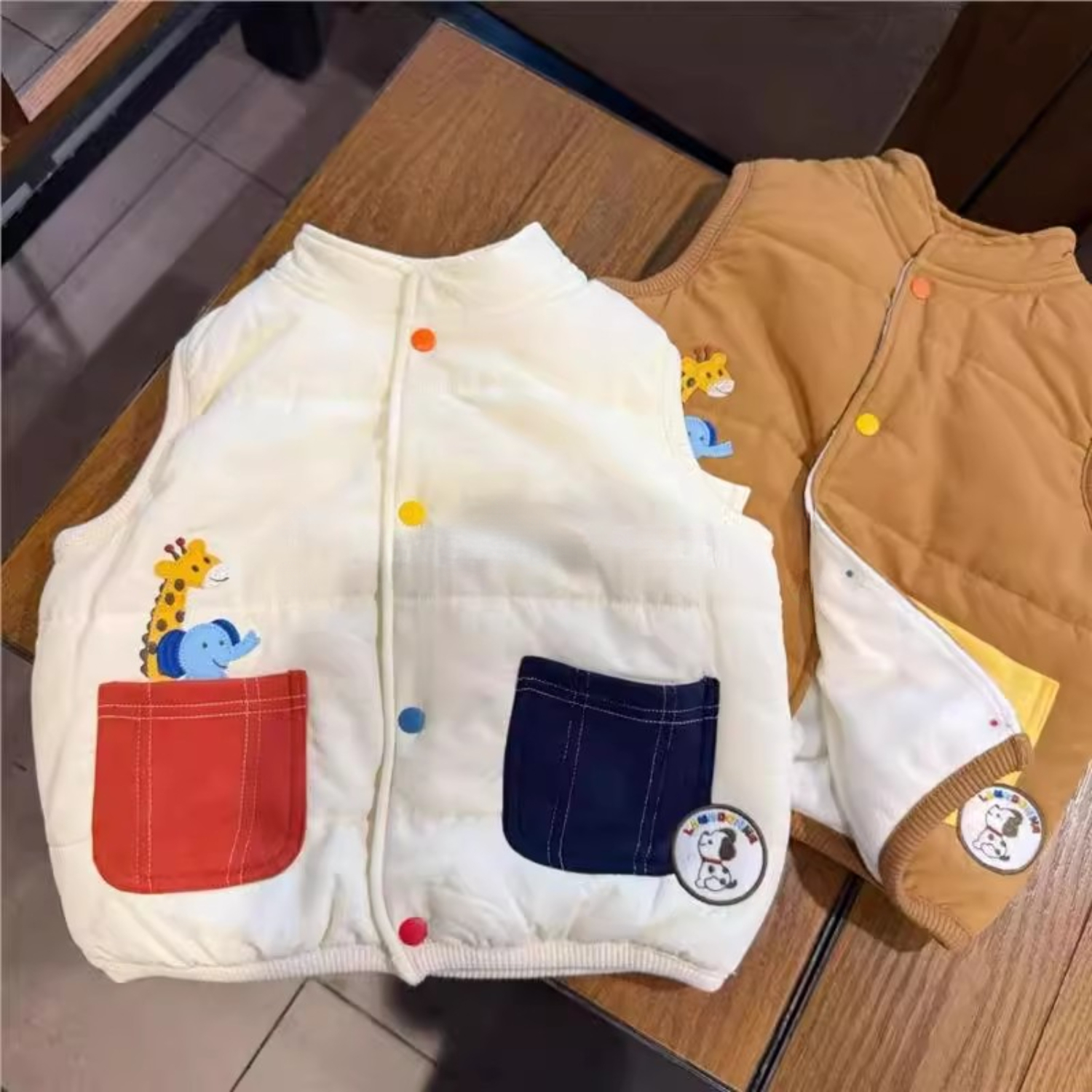 儿童秋冬季新款加绒加厚拼色背心外套男女童卡通保暖上衣冬装套