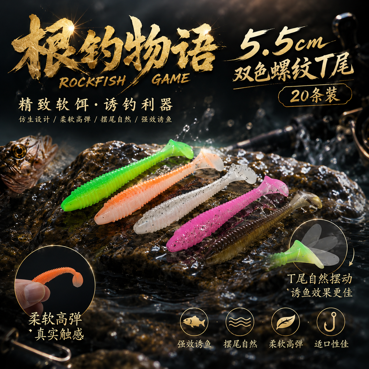 路亚双色软饵根钓饵5.5cm螺纹T尾加盐大比重20条鳜鱼黑头鲈鱼翘嘴