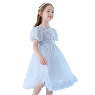 迪士尼女童连衣裙爱莎公主裙子儿童夏装新款蓬蓬裙洋气网纱裙礼服