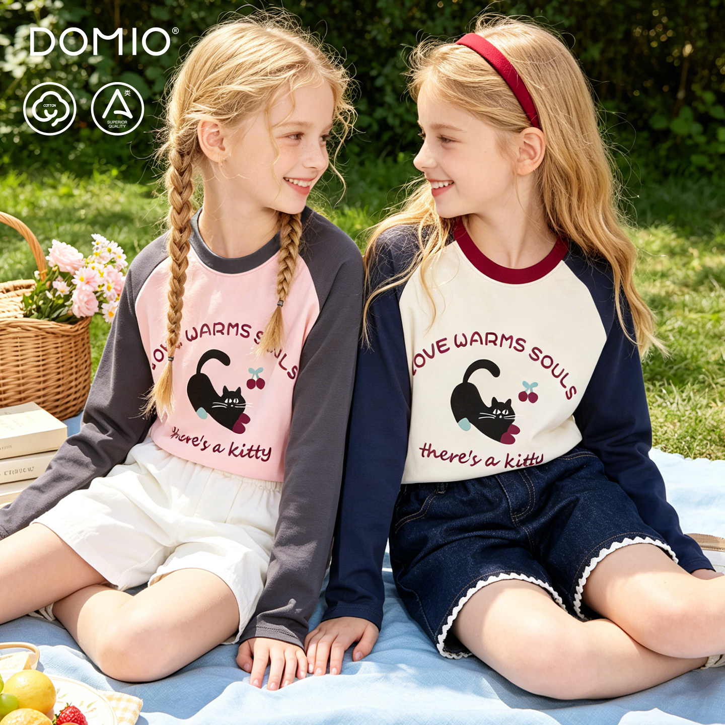 多妙屋女童长袖T恤2026新款上衣大童宽松打底衫女孩洋气猫咪童装