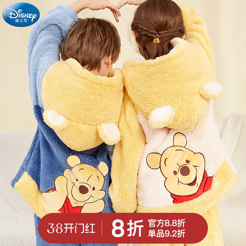 迪士尼儿童睡衣套装秋冬女童珊瑚绒男童法兰绒加绒厚宝宝小熊维尼