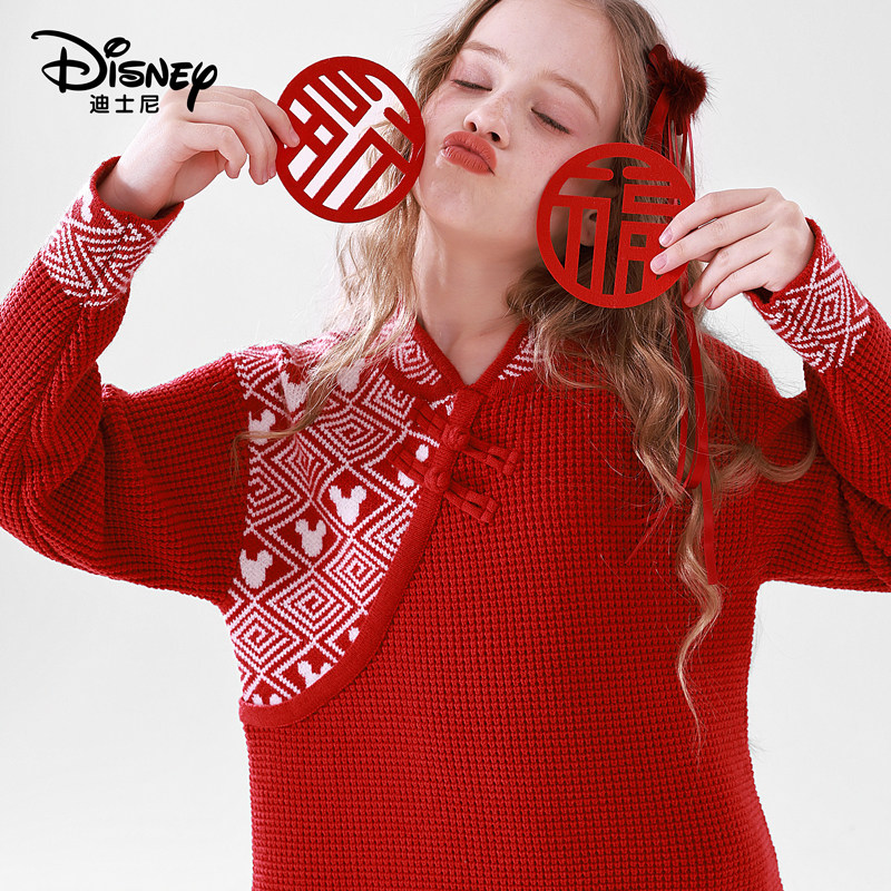 迪士尼女童连衣裙秋冬新款女孩国风针织裙大童红色毛衣拜年服裙子