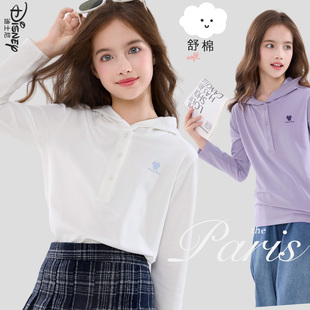 洋气大童青少年装 迪士尼女童T恤长袖 秋季 儿童连帽打底衫 2026春装
