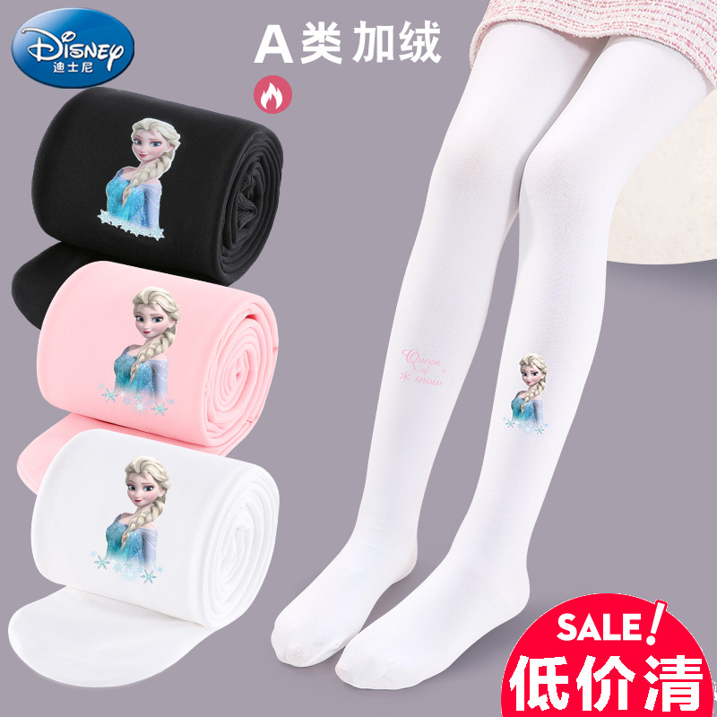 迪士尼女童舞蹈袜儿童连裤袜秋冬季打底裤加绒保暖跳舞白色连体袜