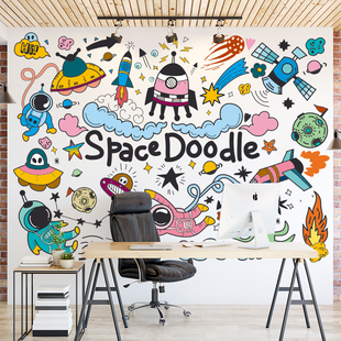 太空人宇航员飞船外星人涂鸦贴纸科学试验室背景墙装 饰贴画幼儿园