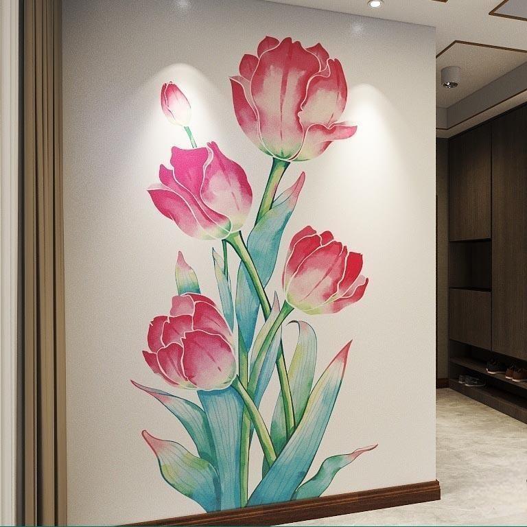 防水好贴自粘中国风水彩水墨风格花卉郁金香贴纸贴画墙面唯美装饰图片
