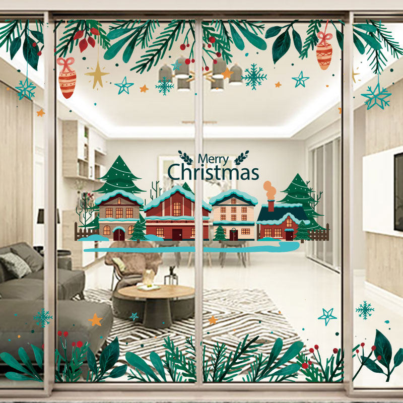 防水自粘墙纸贴纸画复古圣诞老人装饰门店新年玻璃透明贴窗户贴花