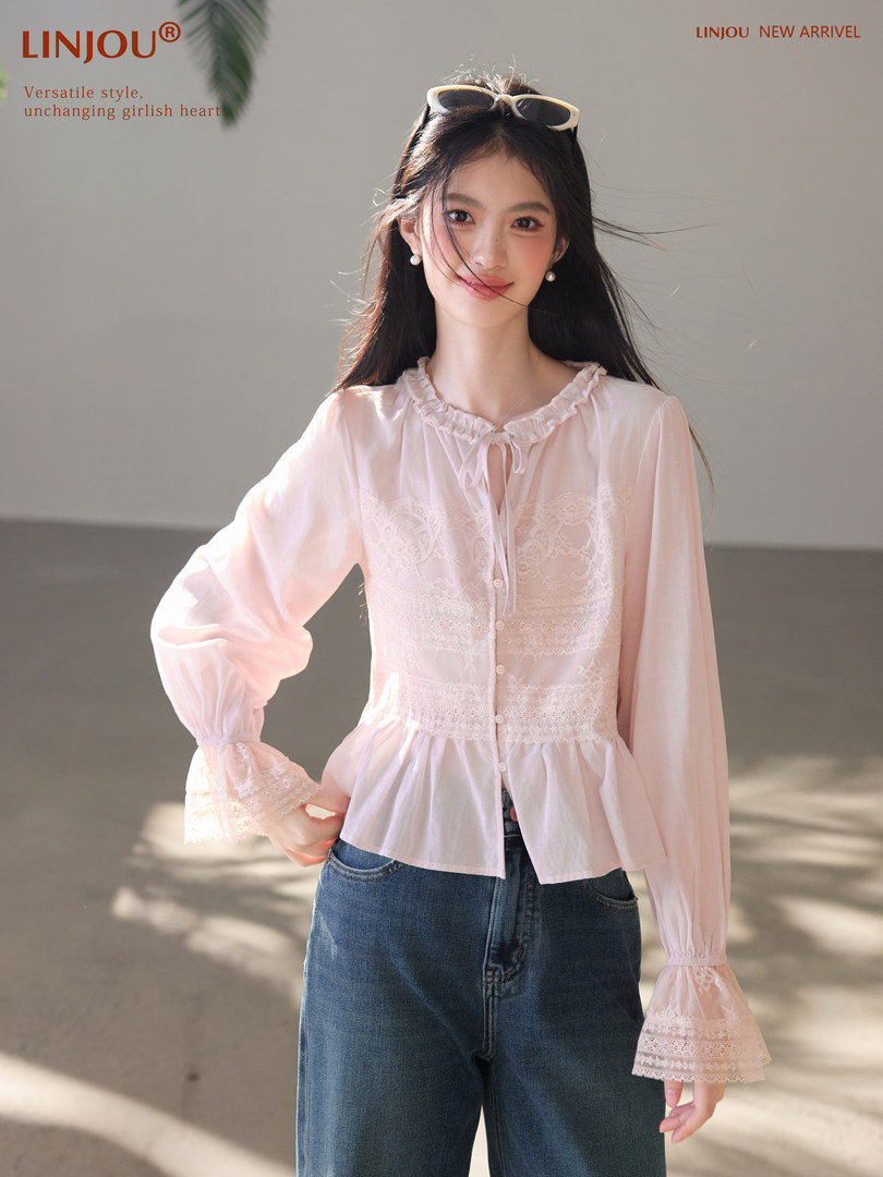 Model wearing a light pink sheer long-sleeve blouse with lace details