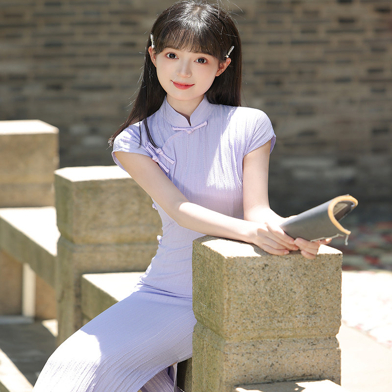 文艺清新旗袍长款夏季女新中式显瘦纯色小个子学生连衣裙2025新款