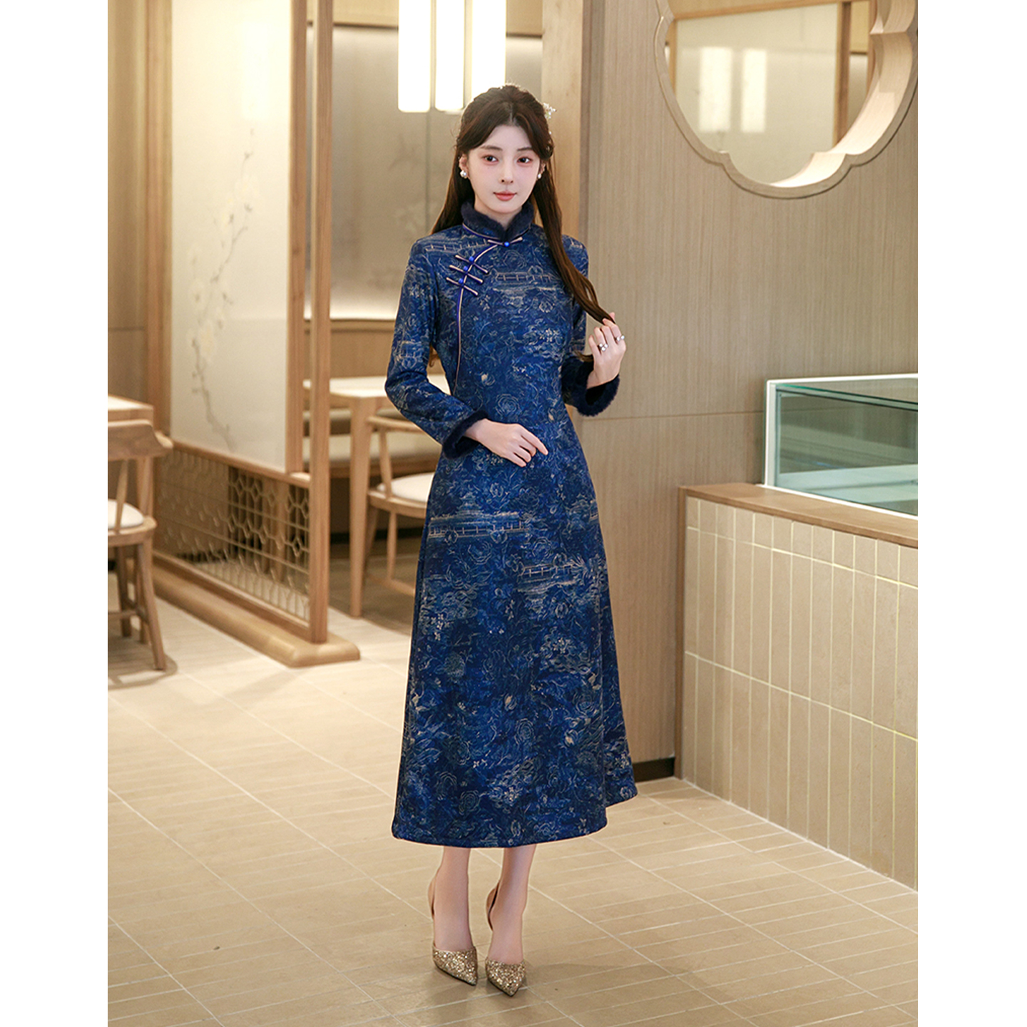 长裙深蓝色复古日常秋冬季加绒