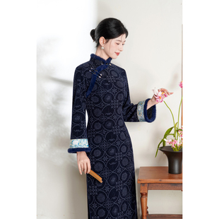 新中式长袖旗袍女冬季保暖加绒加厚复古高级感改良连衣裙气质长款