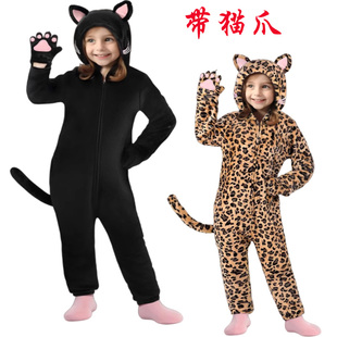 跨境外贸秋冬法兰绒猫咪卡通动物连睡衣黑猫带猫爪豹纹熊猫演出服
