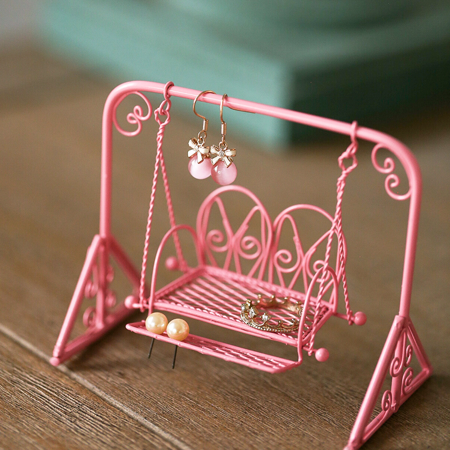 手工艺品 娃娃屋家具小众小摆件创意铁艺首饰架道具 粉色摇椅秋千