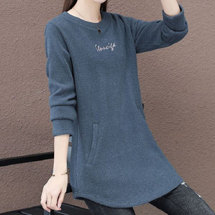 德绒秋冬季加绒保暖中长款上衣女有口袋长袖T恤外穿oversize卫衣