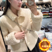 小香风羊羔毛翻领呢子外套女秋冬季 小个子高级感气质夹棉保暖棉衣