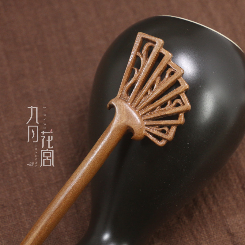 古风古代发簪流苏桃木扇形簪子 木质步摇盘发头饰 古典古装发饰钗