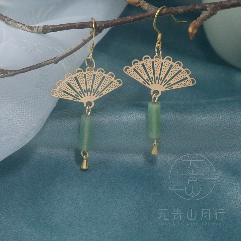 玉质古风耳环中国风扇形古代耳饰古装汉服气质东陵玉扇子耳坠女夏