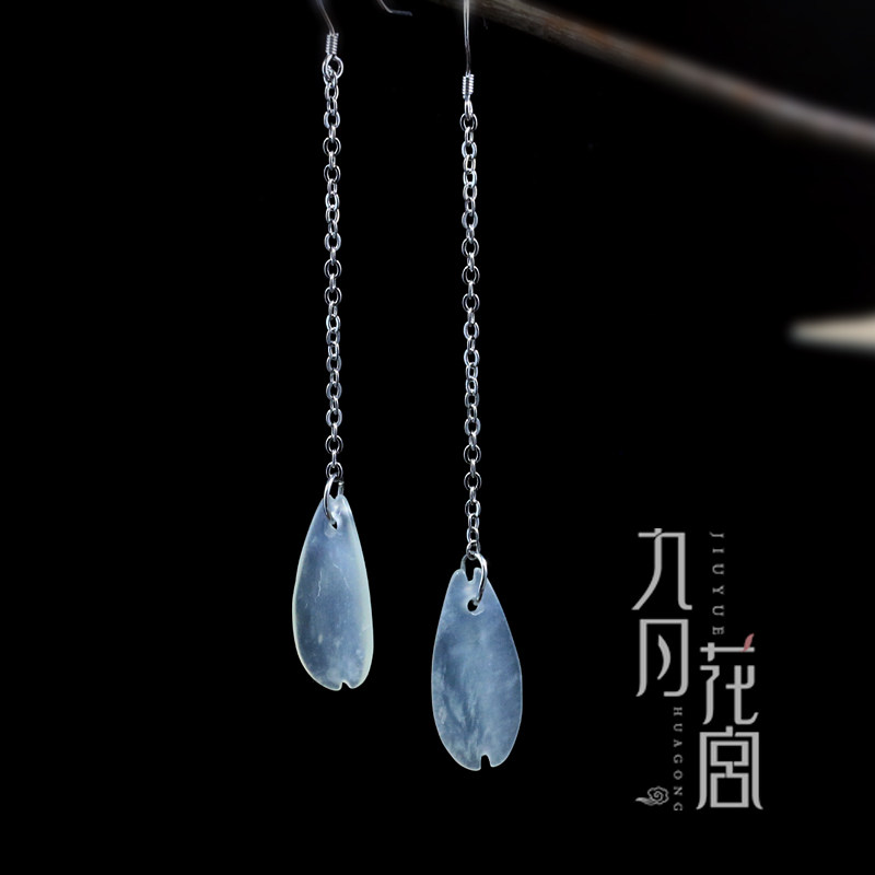 古代岫玉长款气质超仙花瓣耳环 复古风简约耳饰复古高档显瘦耳坠