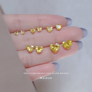买对三送一 s925纯银耳钉女香蕉黄钻时尚耳骨钉养耳洞直针爱心