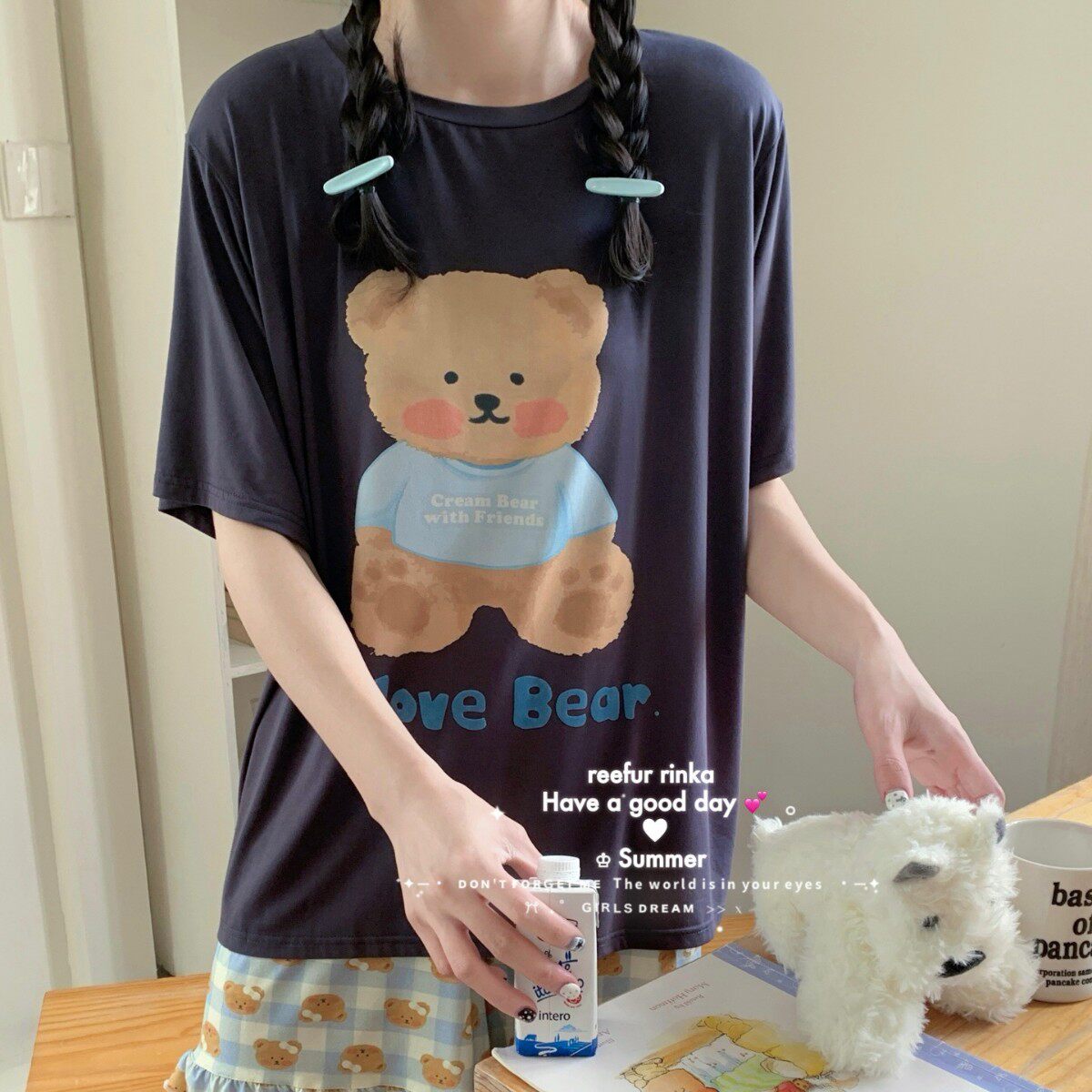 Reefur Rinka梨花家春季睡衣女莫代尔棉卡通印花短袖短裤baby套装