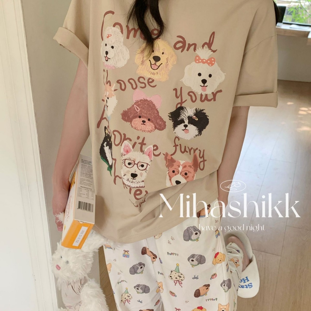 Mihashikk韩版狗来富小狗聚会睡衣纯棉圆领T恤短袖短裤长裤