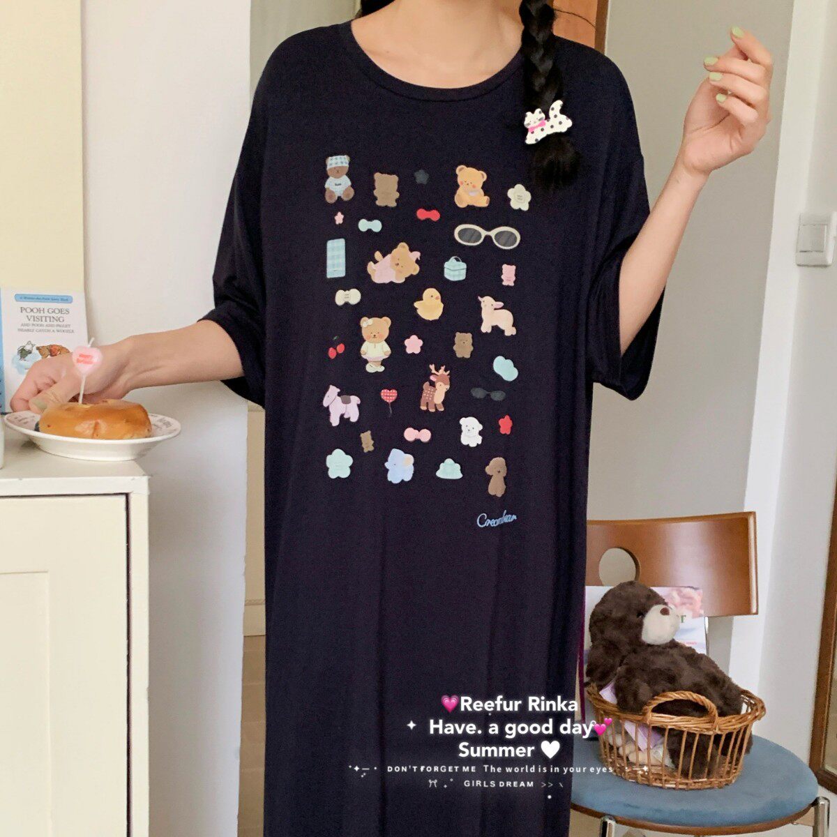 Reefur Rinka梨花家26夏季新款杂物社短袖睡裙莫代尔家居服女宽松