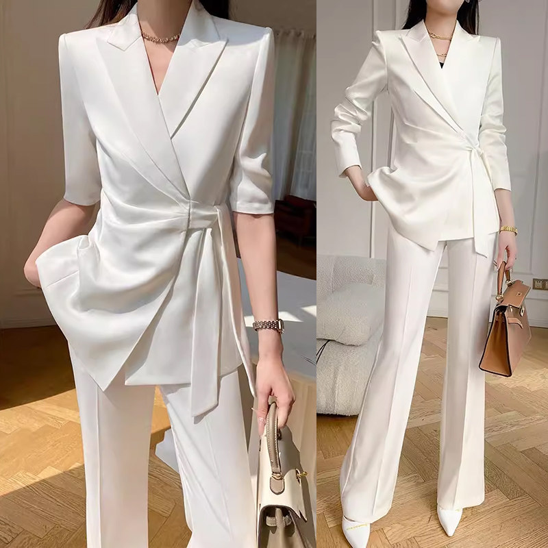 白色休闲西装套装女夏季中袖御姐气质女神范系带西服长裤两件套薄