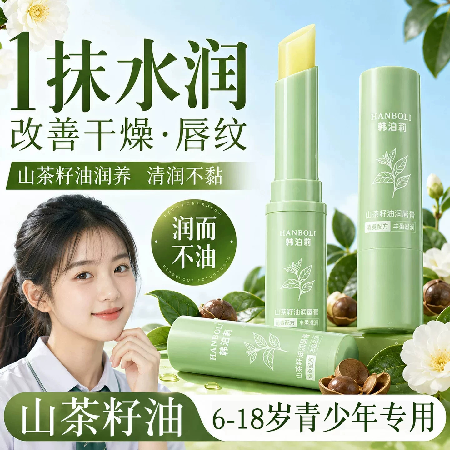 秋冬山茶籽油润唇膏保湿防干裂