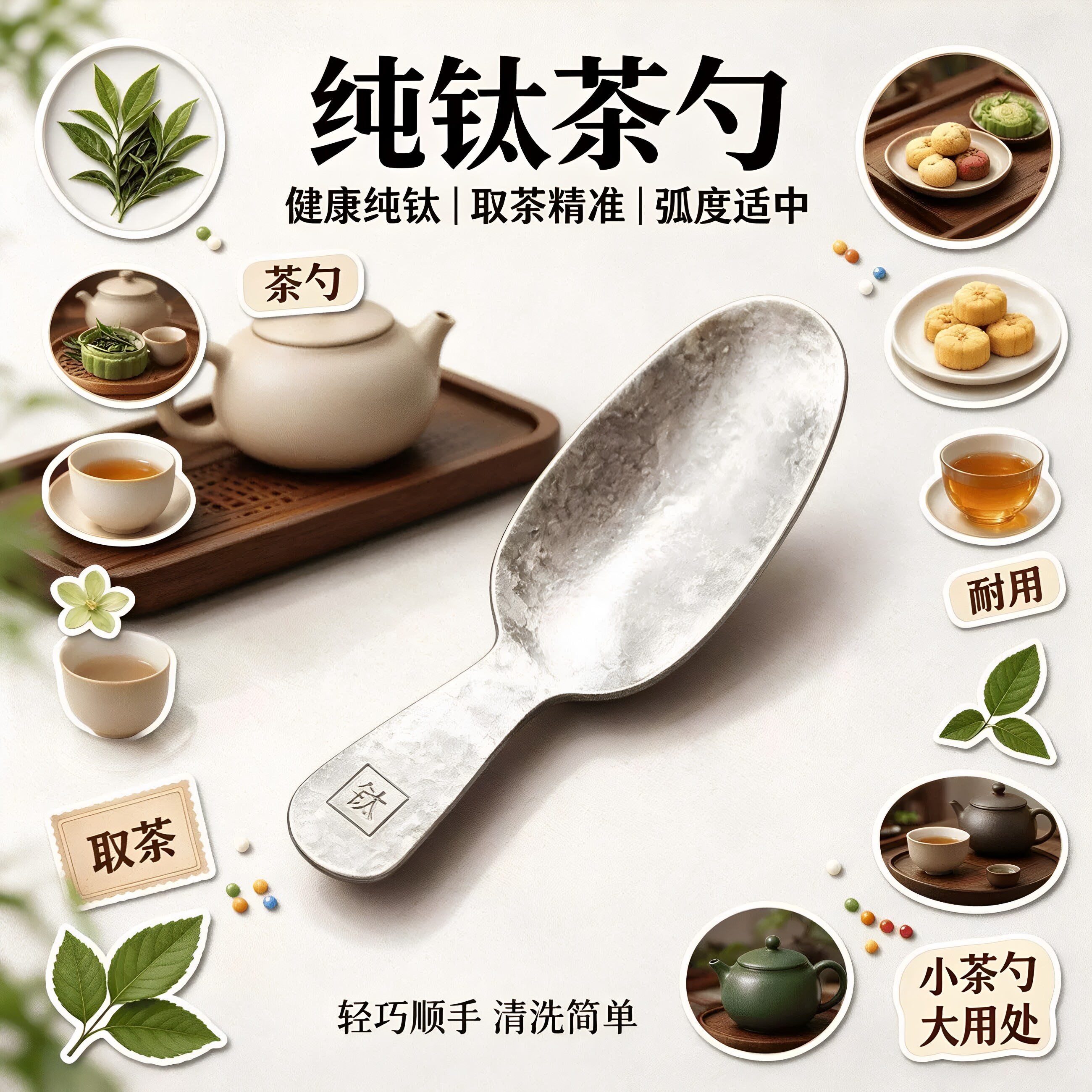 纯钛短柄迷你茶勺加厚防摔茶匙茶具配件取茶勺器分茶工具茶道配件